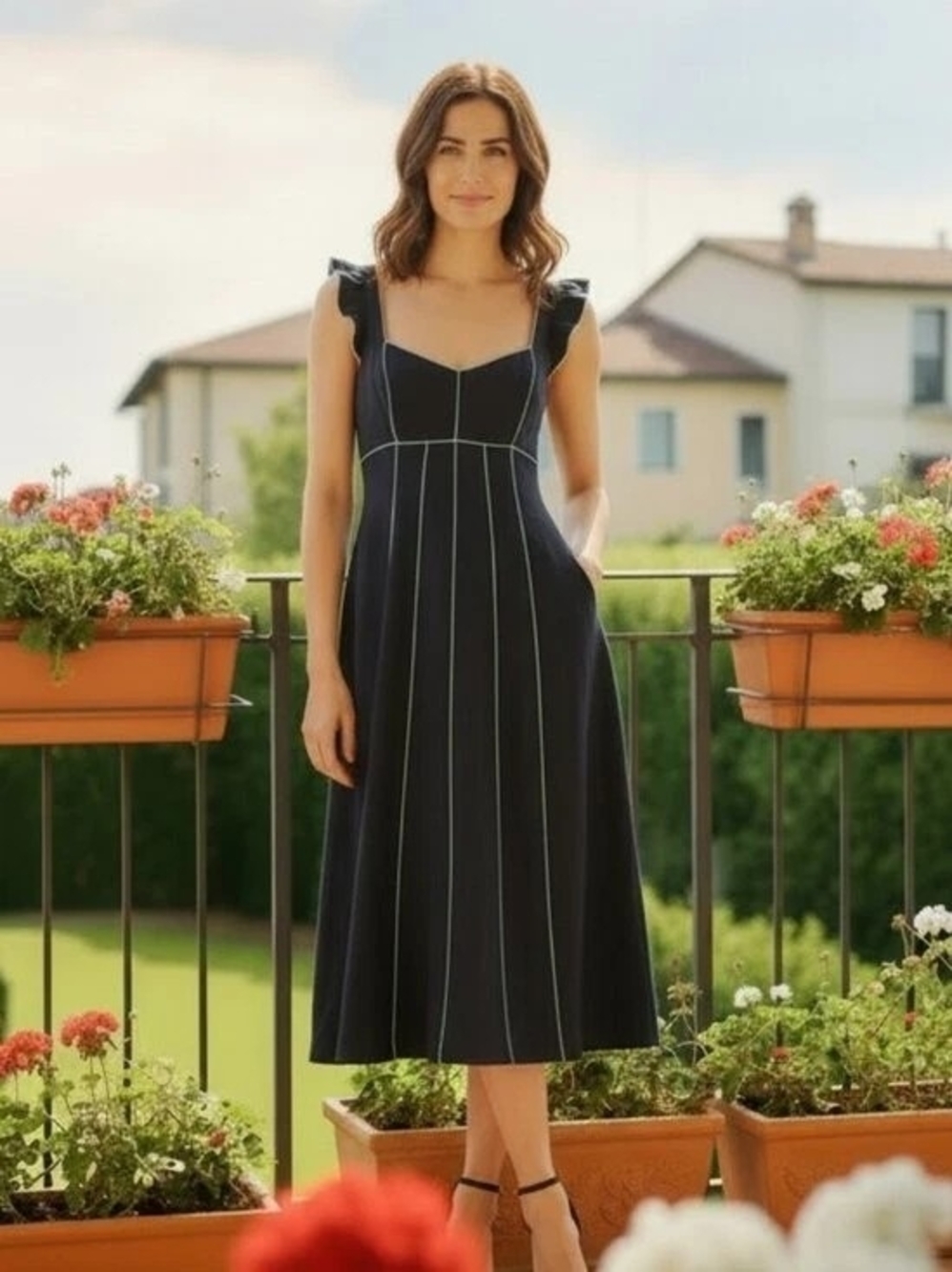 ✨ Ellen Tracy Navy Linen-Blend Midi Dress with Contrast Piping ✨ Size S, NWT